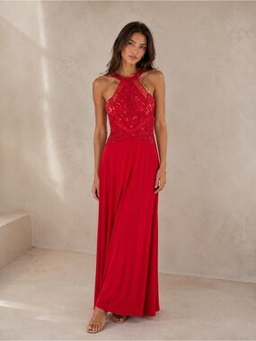⁠NWT ASOS Red Lace Halter Maxi Dress Floor Length Formal Gown US 4